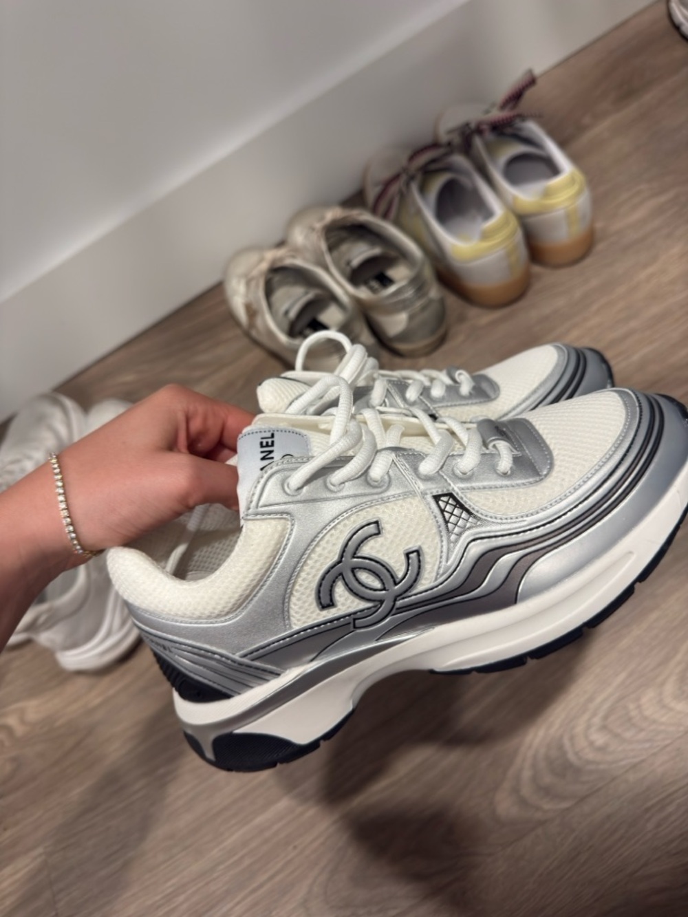 CHANEL White and Silver Mesh & Leather Platform Sneakers